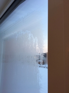 窓ガラスの外側が凍っている